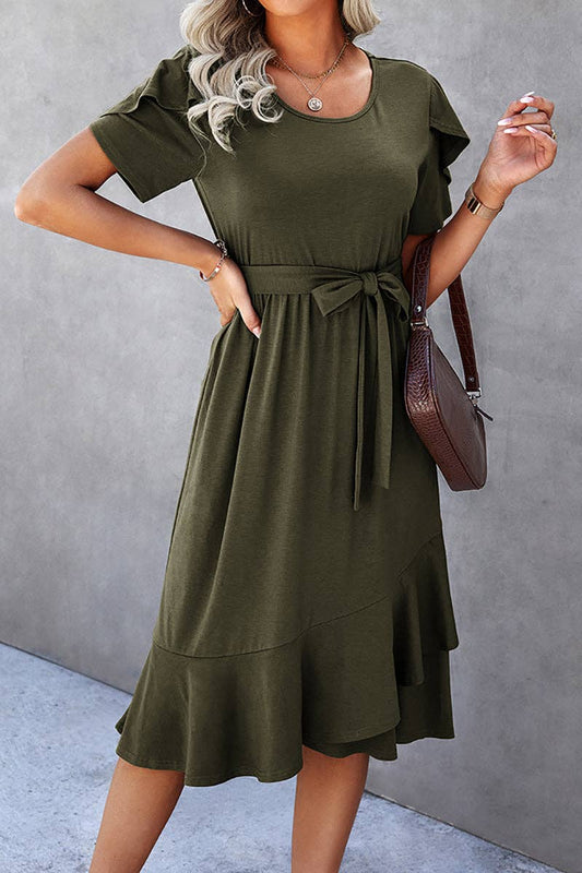 Petal Sleeve Ruffle Trim Belted Midi Dress: OLIVE