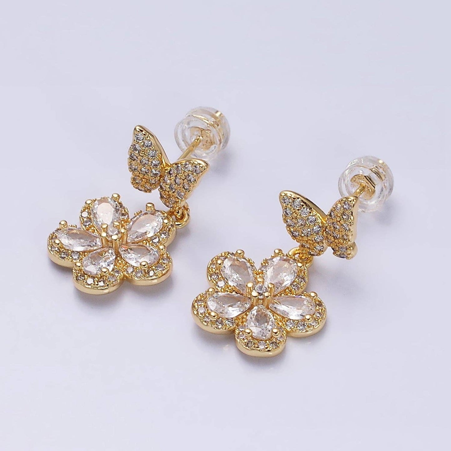 Flower Teardrop Petal Drop CZ Butterfly Stud Earrings: Gold