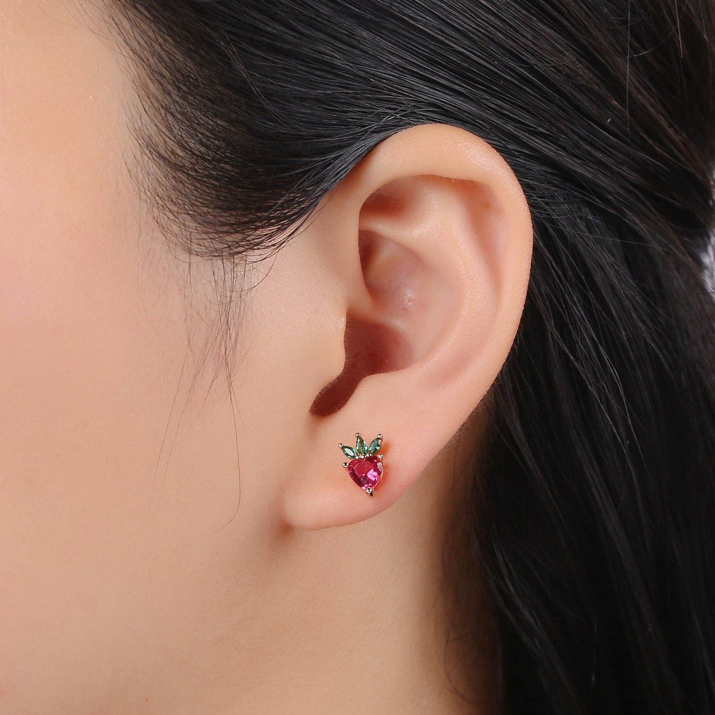 Gold Strawberry Stud Earring, Crystal Berry Studs, Strawberry Fruit Earring, Minimalist Earring, Dainty Earrings for Girls
