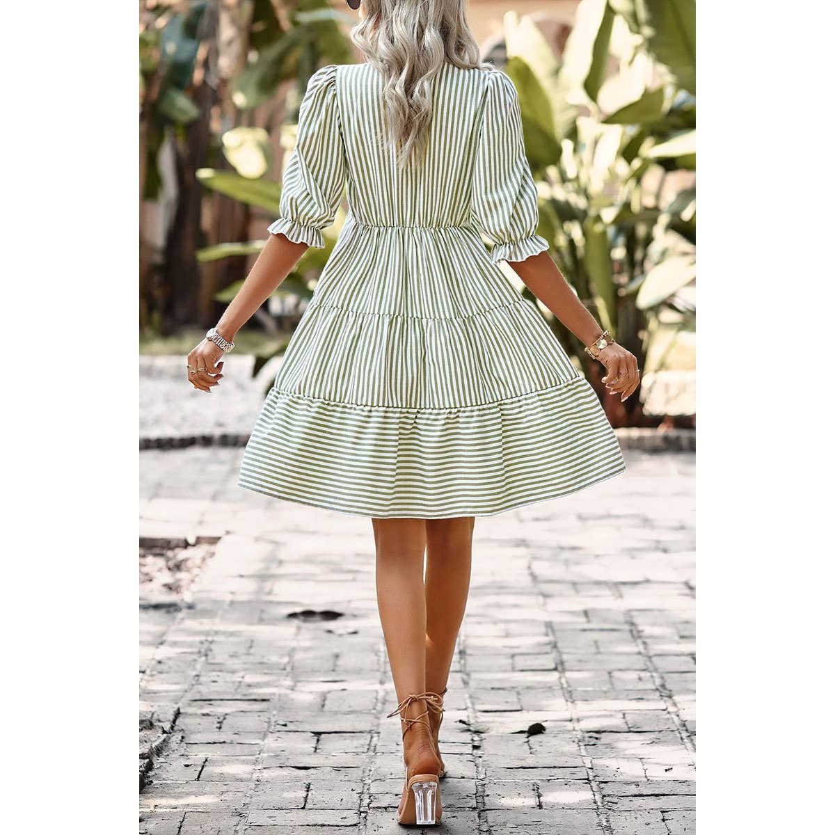 Stripe V Neck Button Puff Sleeves High Waist Dress: GREEN