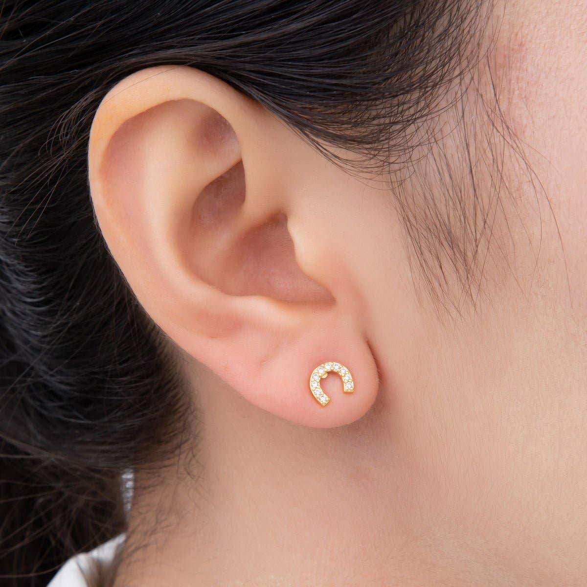 18K Gold Filled Lucky Horse Shoe Micro Paved Mini Studs Earrings
