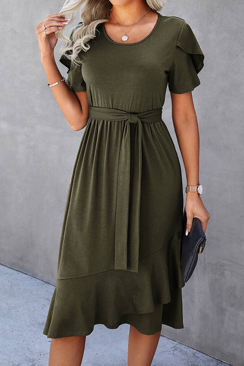 Petal Sleeve Ruffle Trim Belted Midi Dress: OLIVE