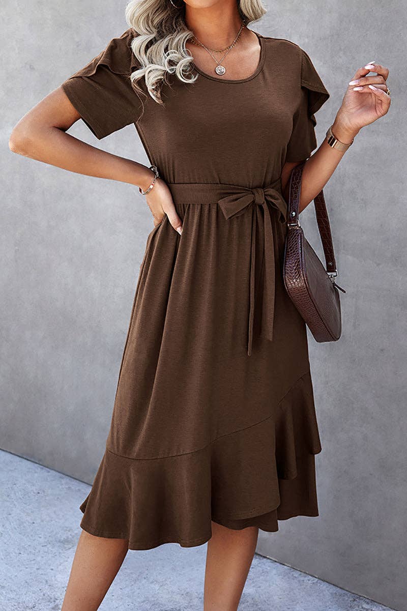 Petal Sleeve Ruffle Trim Belted Midi Dress: OLIVE