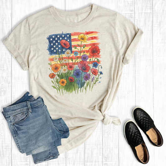 4th Of July Floral USA Flag Graphic Tee: Oat / Short Sleeve