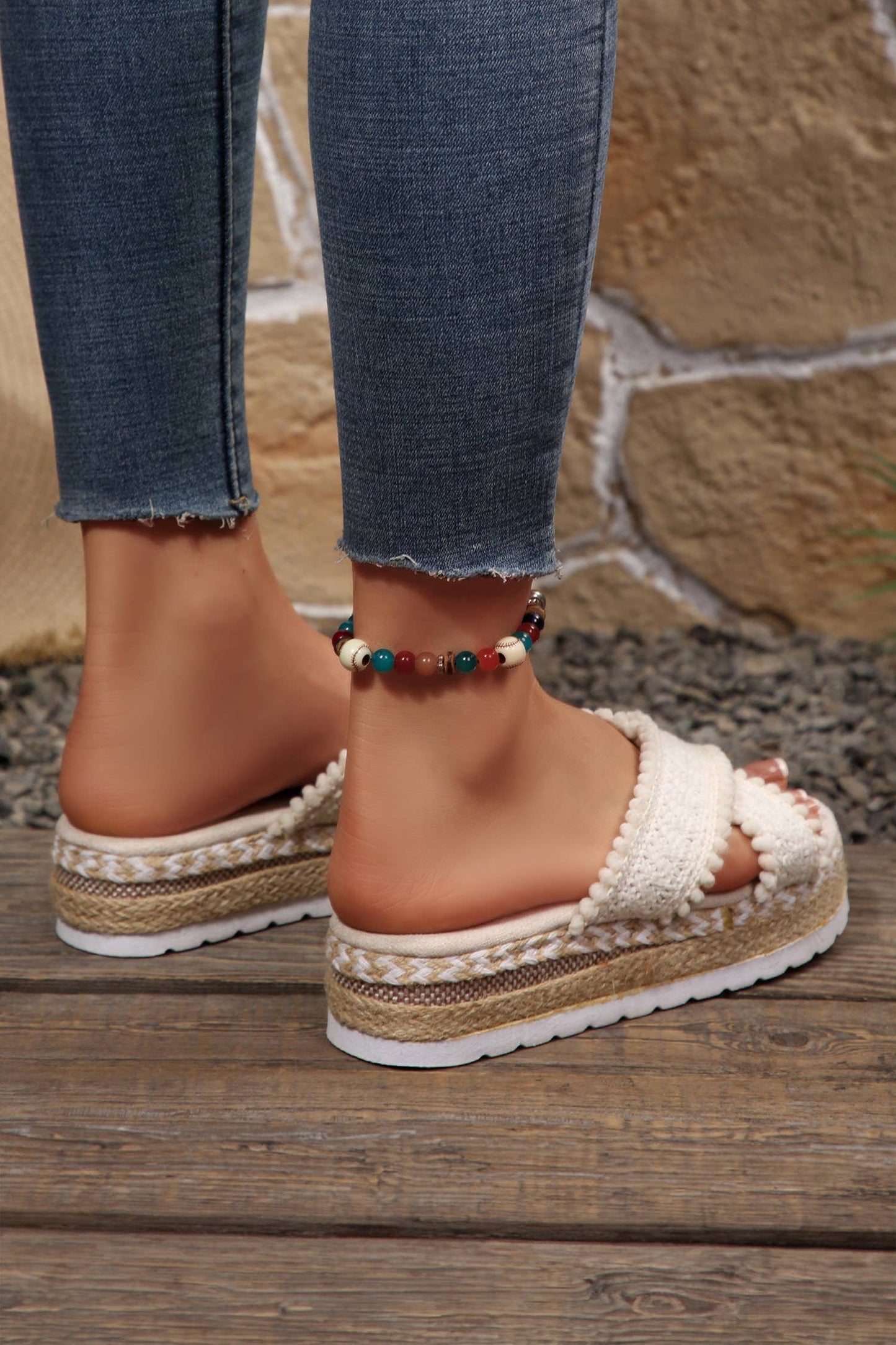 Pompom Knit Platform Slide Slippers: White