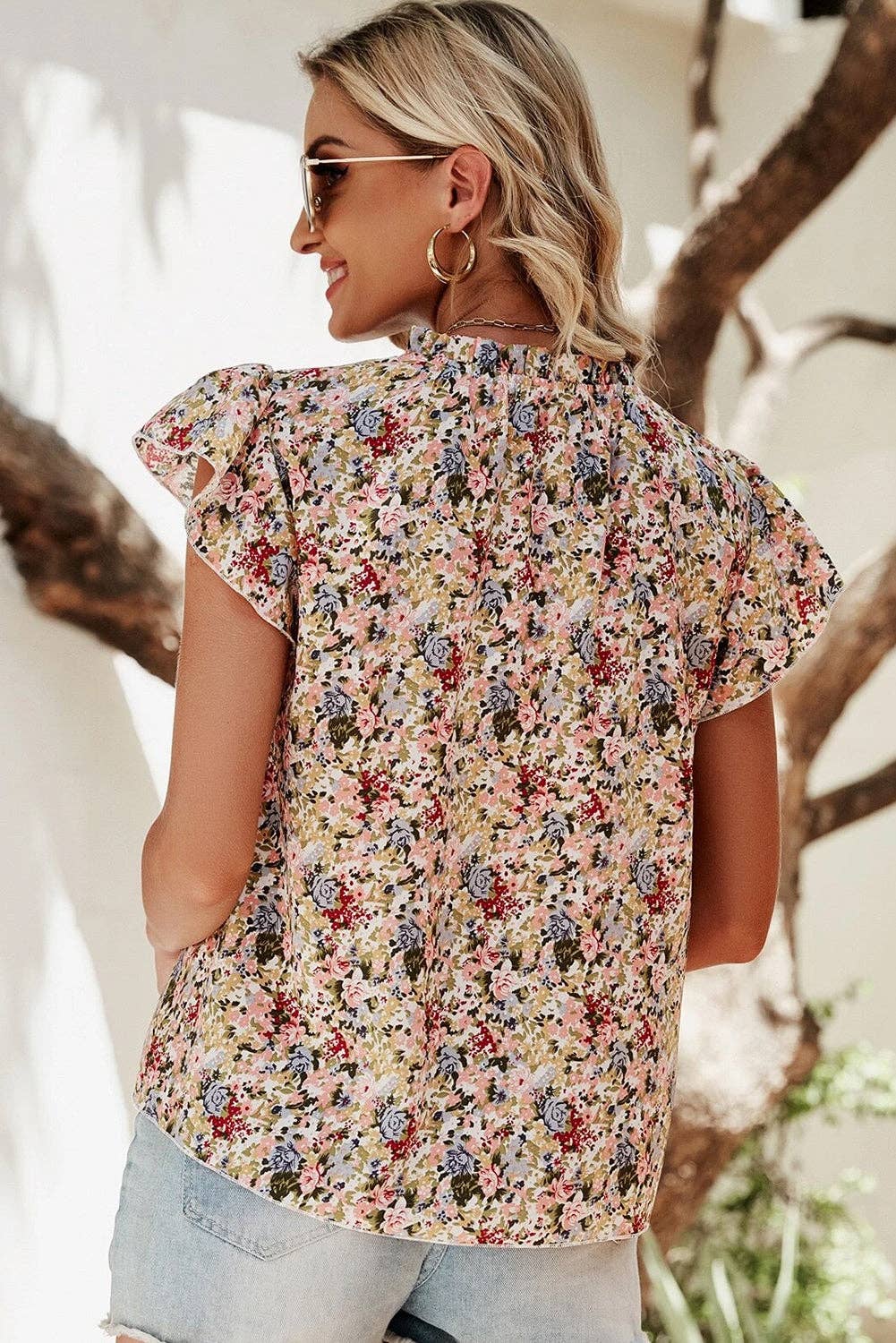 Red Boho Floral Frilled Button Neck Ruffle Short Sleeve Blouse: Red