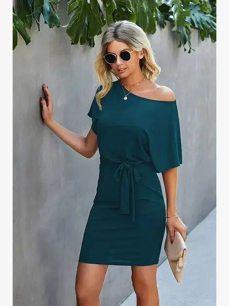 Petal Sleeve Ruffle Trim Belted Midi Dress: OLIVE