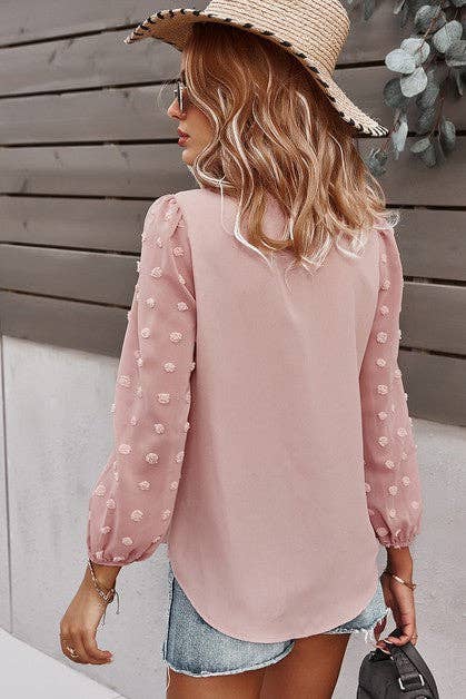 Solid V Neck Lantern Sleeve Swiss Dot Shirt: PINK