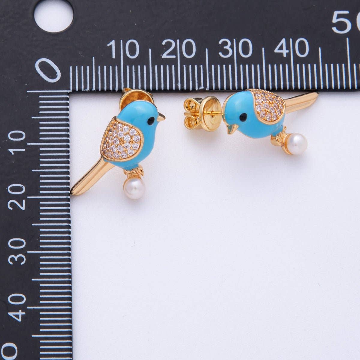 14K Gold Filled 21.5mm Blue Enamel Micro Paved CZ Bird Stud Earrings