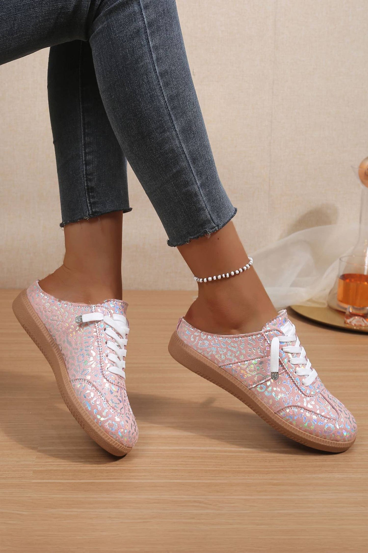 Shiny Leopard Print Lace up Slip On Shoes: Pink