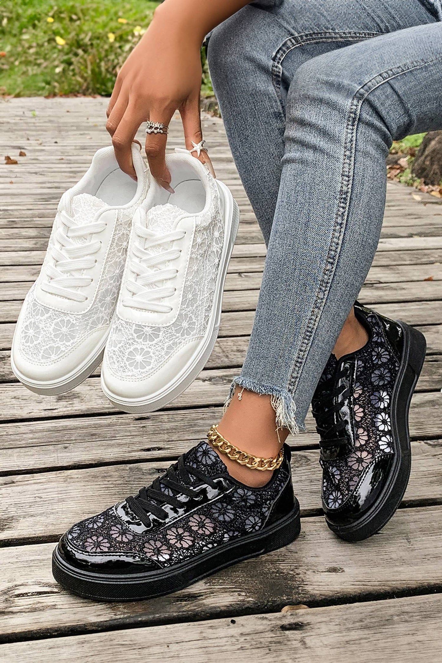 Sheer Floral Lace Slip-On Casual Sneakers: Color black