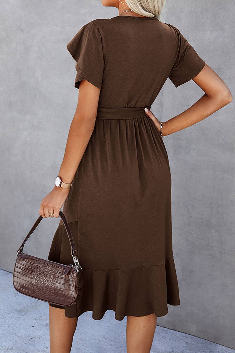 Petal Sleeve Ruffle Trim Belted Midi Dress: OLIVE