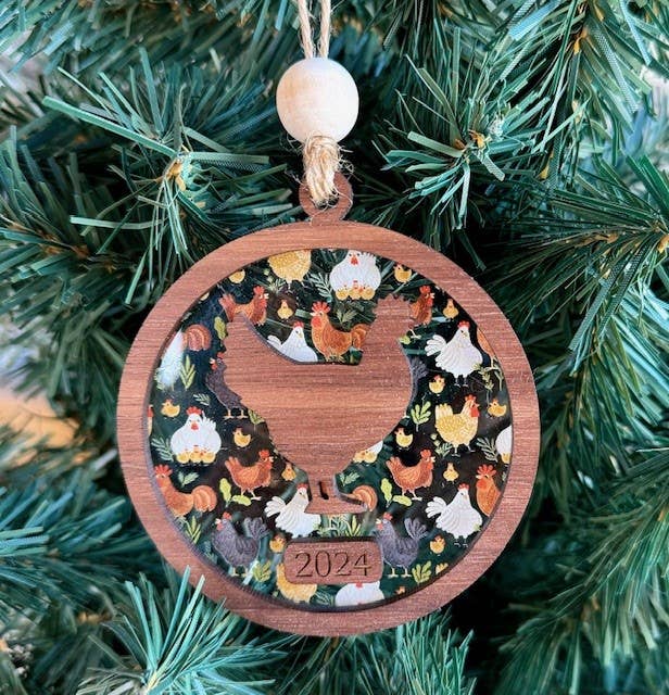 Chicken Christmas Ornament - Farm Theme Tree Ornament: White Background Acrylic (Pictured) / 2025