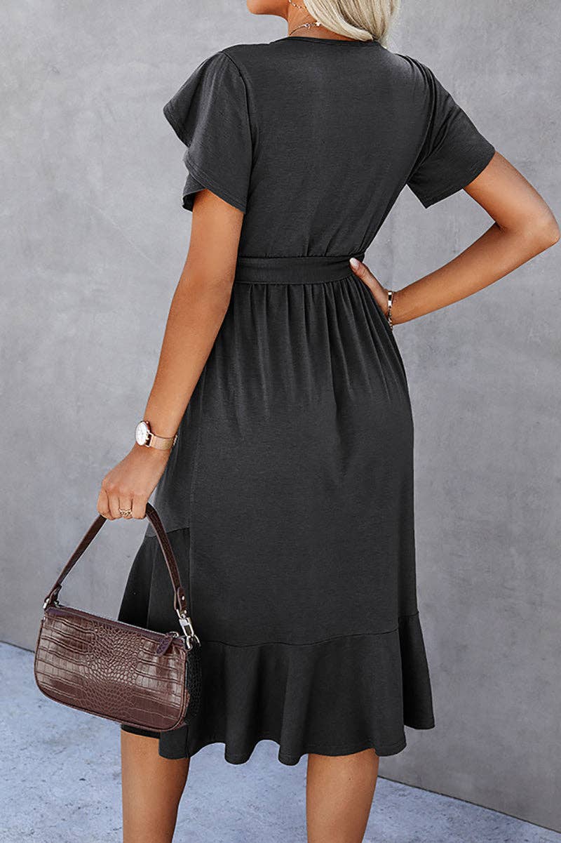 Petal Sleeve Ruffle Trim Belted Midi Dress: OLIVE