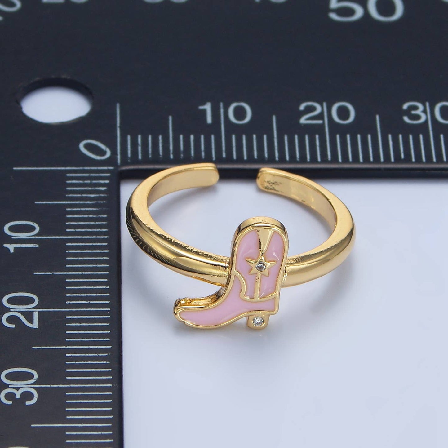 24K Gold Filled CZ Pink Enamel Cowboy Boots Ring