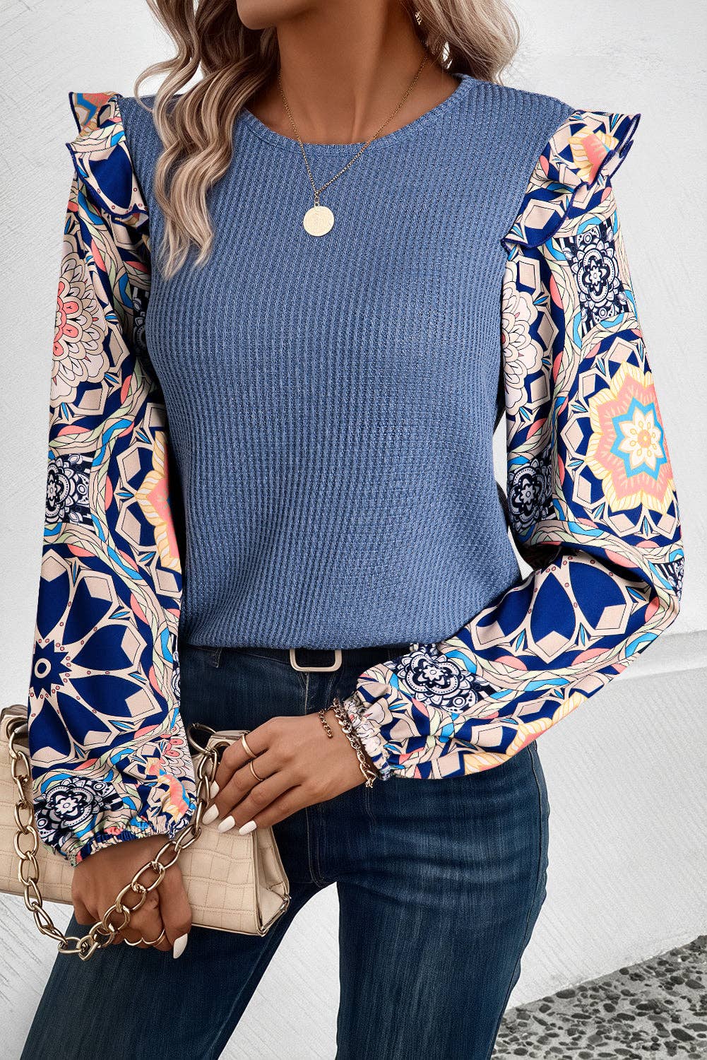 Ashleigh Blue Ruffled Floral Sleeve Patchwork Waffle Knit O Neck Blouse: Ashleigh Blue / 100%Polyester /