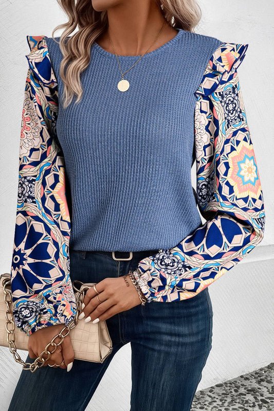 Ashleigh Blue Ruffled Floral Sleeve Patchwork Waffle Knit O Neck Blouse: Ashleigh Blue / 100%Polyester /
