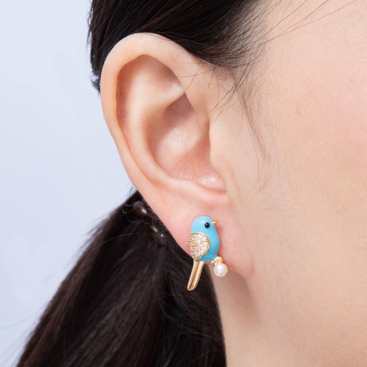 14K Gold Filled 21.5mm Blue Enamel Micro Paved CZ Bird Stud Earrings