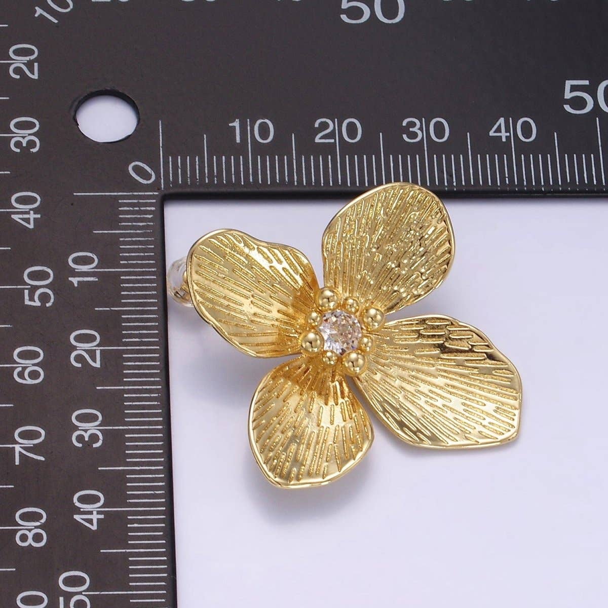 14K Gold Filled 40mm Clear CZ Line-Textured Flower Stud Earrings in Gold & Mixed Metal