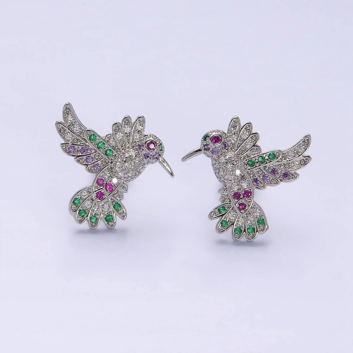 14K Gold Filled Multicolor Micro Paved CZ Hummingbird Pet Earrings Set in Gold & Silver