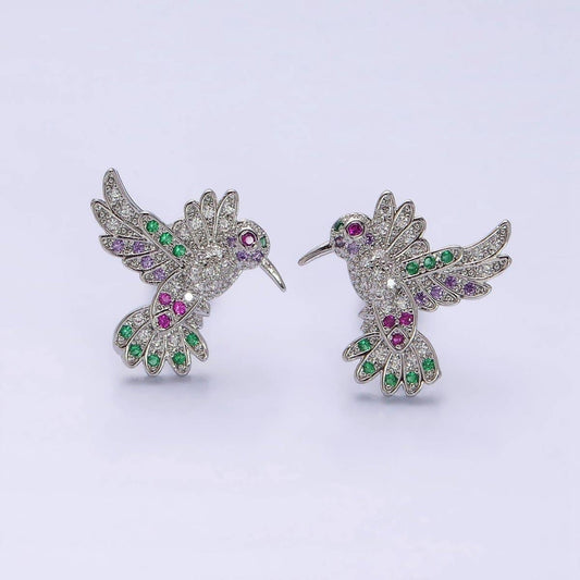14K Gold Filled Multicolor Micro Paved CZ Hummingbird Pet Earrings Set in Gold & Silver