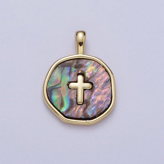 14K Gold Filled Religious Cross Shell Abalone Round Pendant