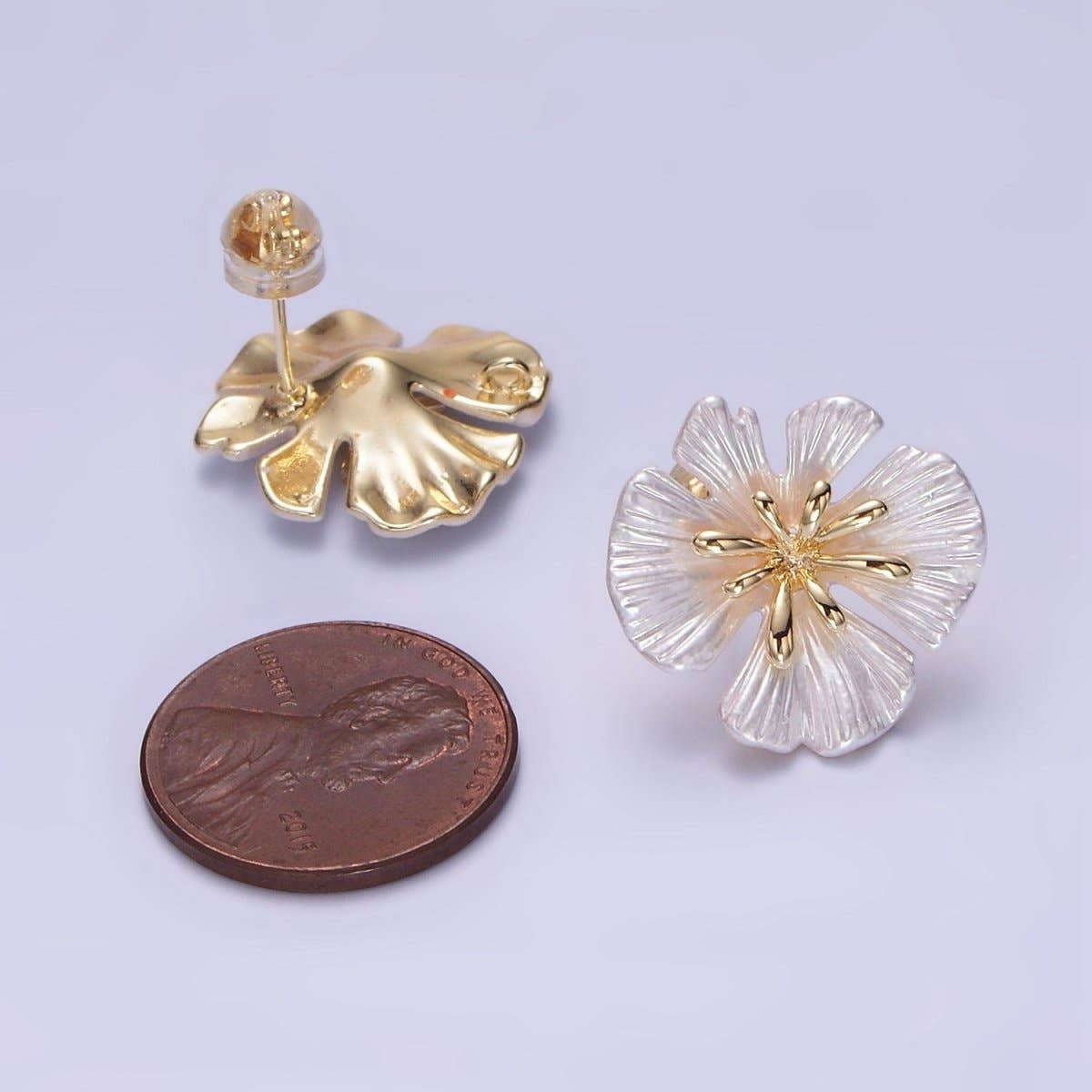 24K Gold Filled 20mm Shell Pearl Flower Open Loop Stud Earrings