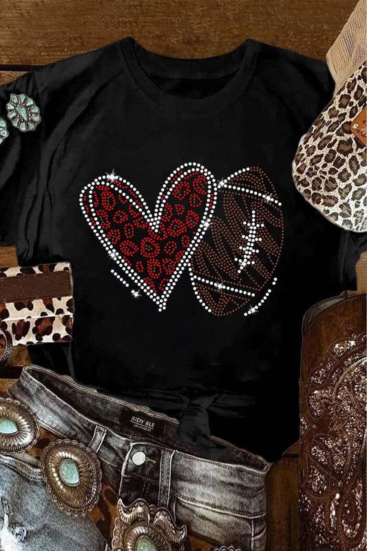 Black Rhinestone Rugby Football Heart Shape Graphic T Shirt: Black
