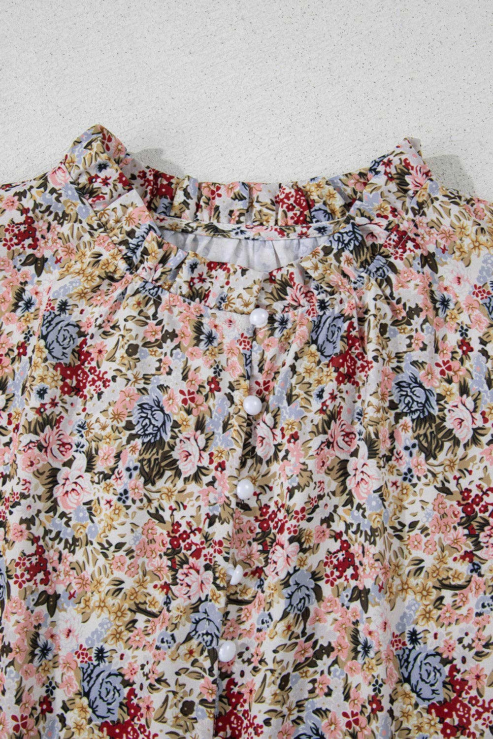Red Boho Floral Frilled Button Neck Ruffle Short Sleeve Blouse: Red