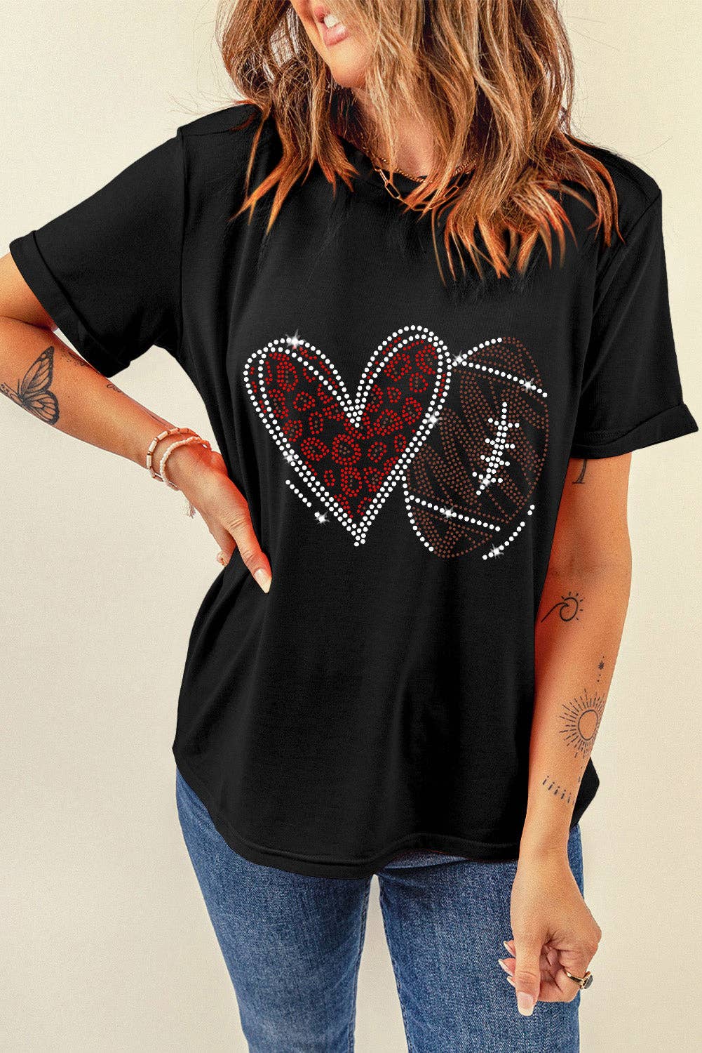 Black Rhinestone Rugby Football Heart Shape Graphic T Shirt: Black