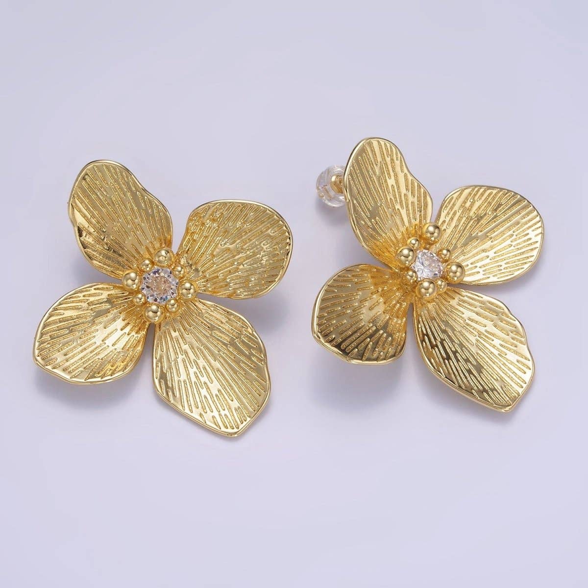 14K Gold Filled 40mm Clear CZ Line-Textured Flower Stud Earrings in Gold & Mixed Metal