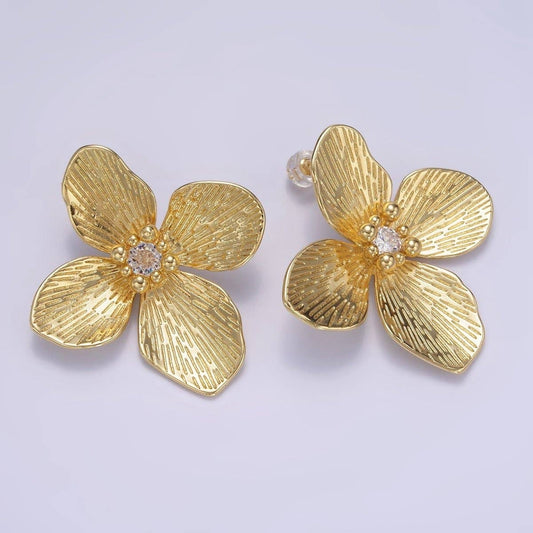 14K Gold Filled 40mm Clear CZ Line-Textured Flower Stud Earrings in Gold & Mixed Metal