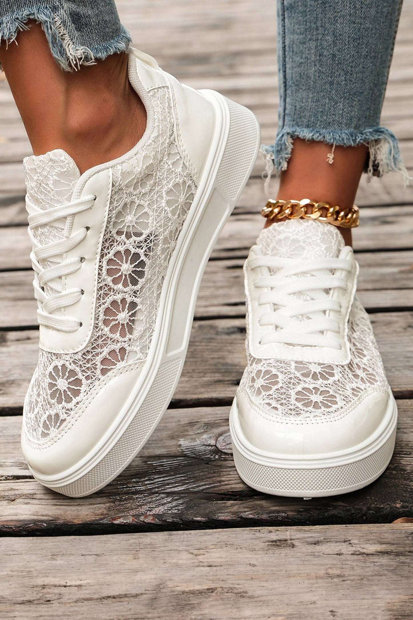 Sheer Floral Lace Slip-On Casual Sneakers: White