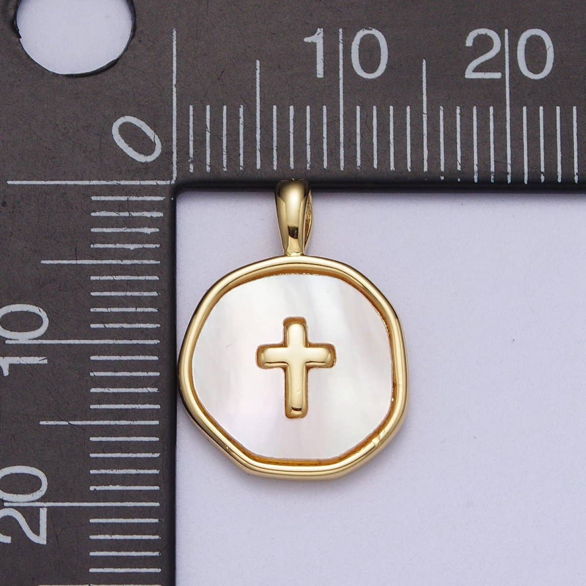14K Gold Filled Religious Cross Shell Abalone Round Pendant