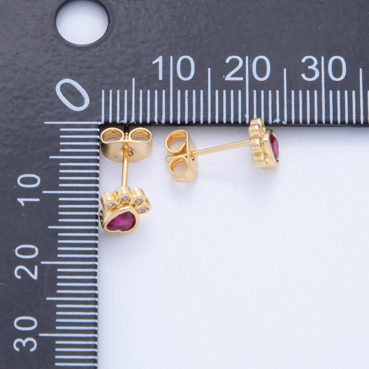 18K Gold Filled Hot Pink & Clear CZ Pet Paws Stud Earrings Hot Pink