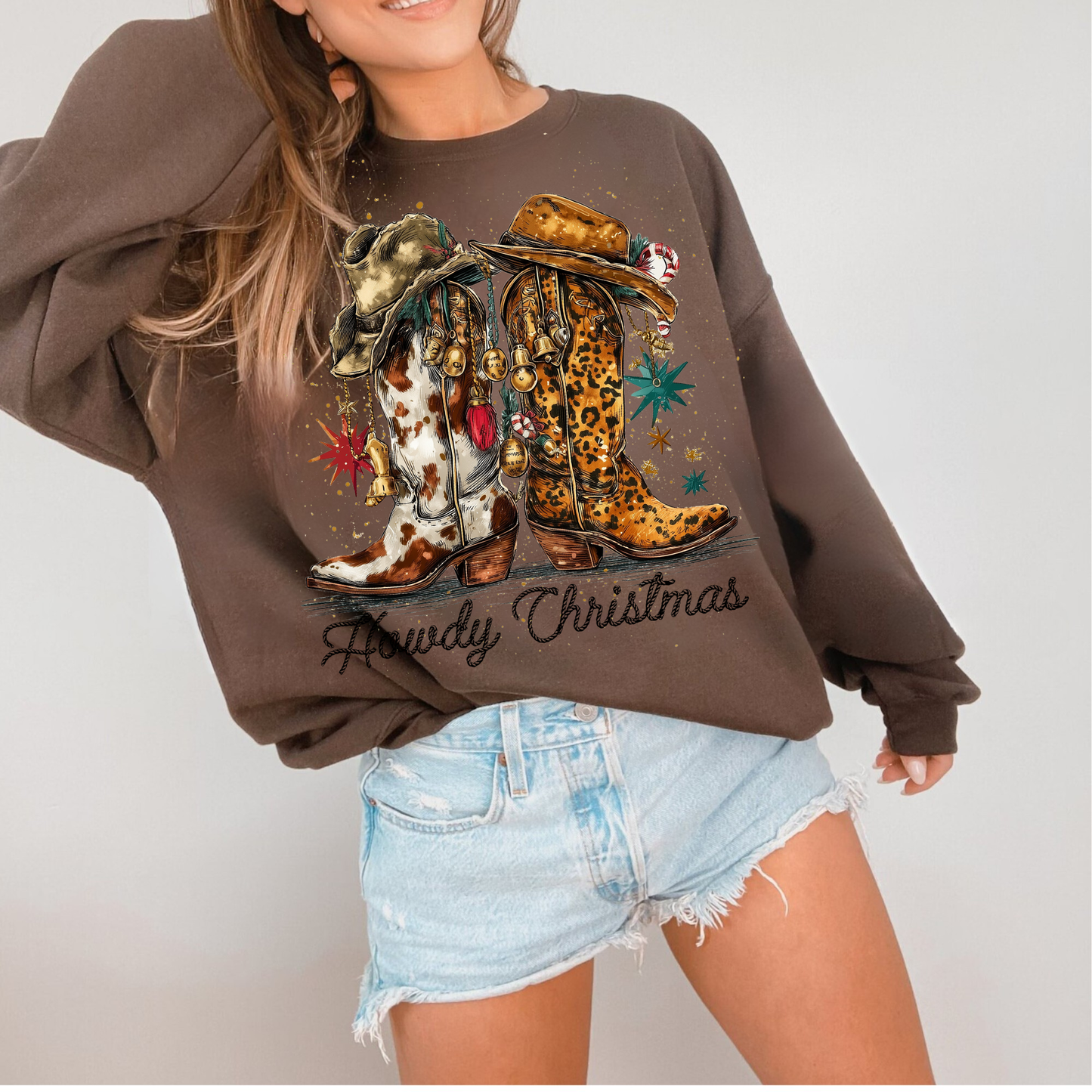 Trendy Howdy Christmas Western  Sweatshirt: Beige