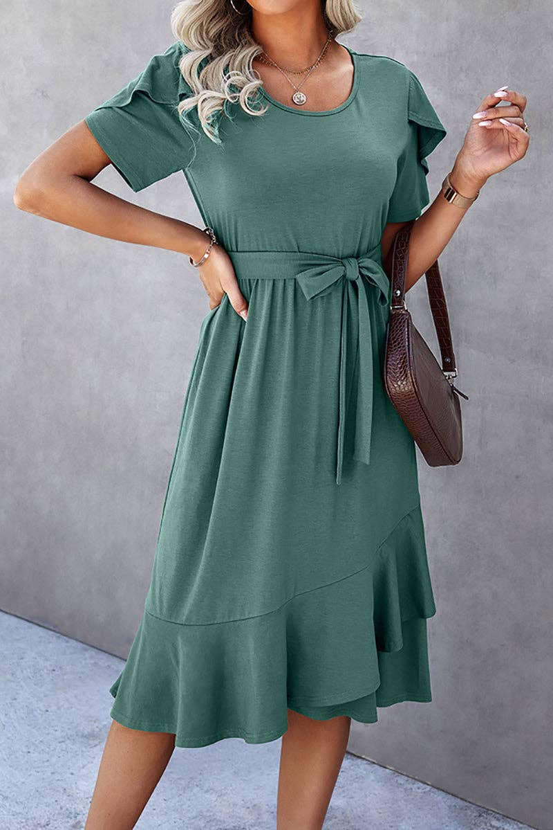 Petal Sleeve Ruffle Trim Belted Midi Dress: OLIVE