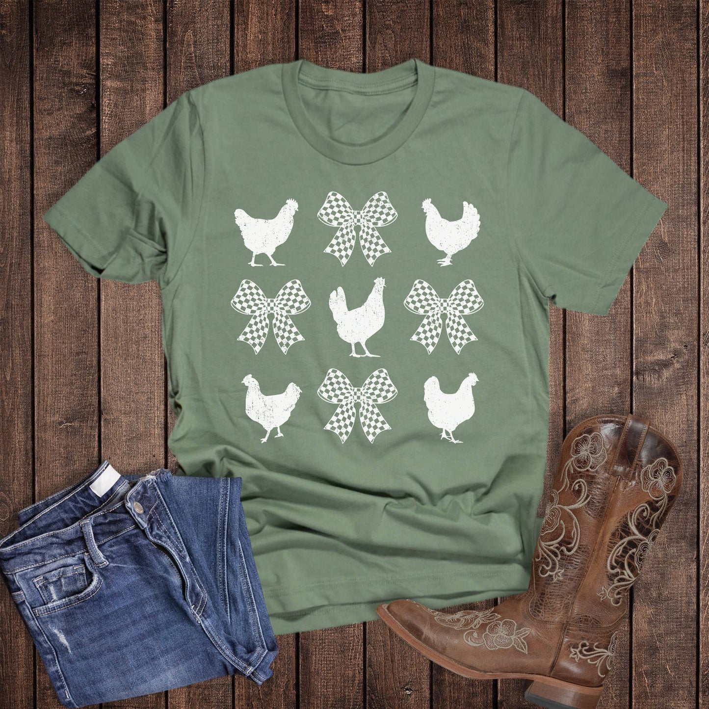 Chicken and Bows Collage Graphic Tee: Sage / Short Sleeve