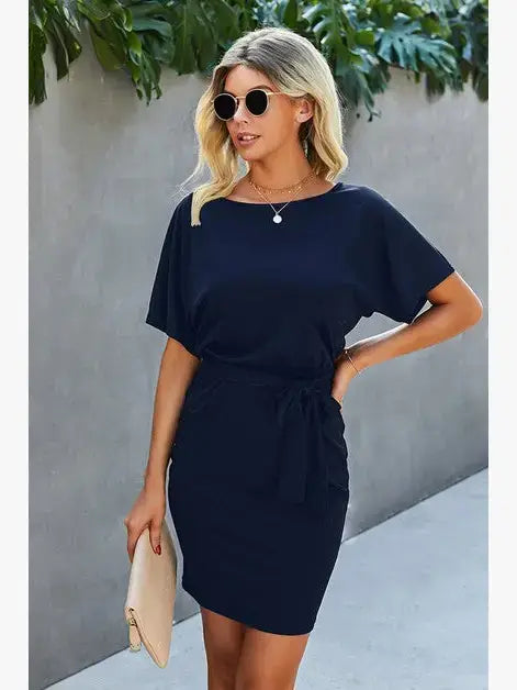 Petal Sleeve Ruffle Trim Belted Midi Dress: OLIVE