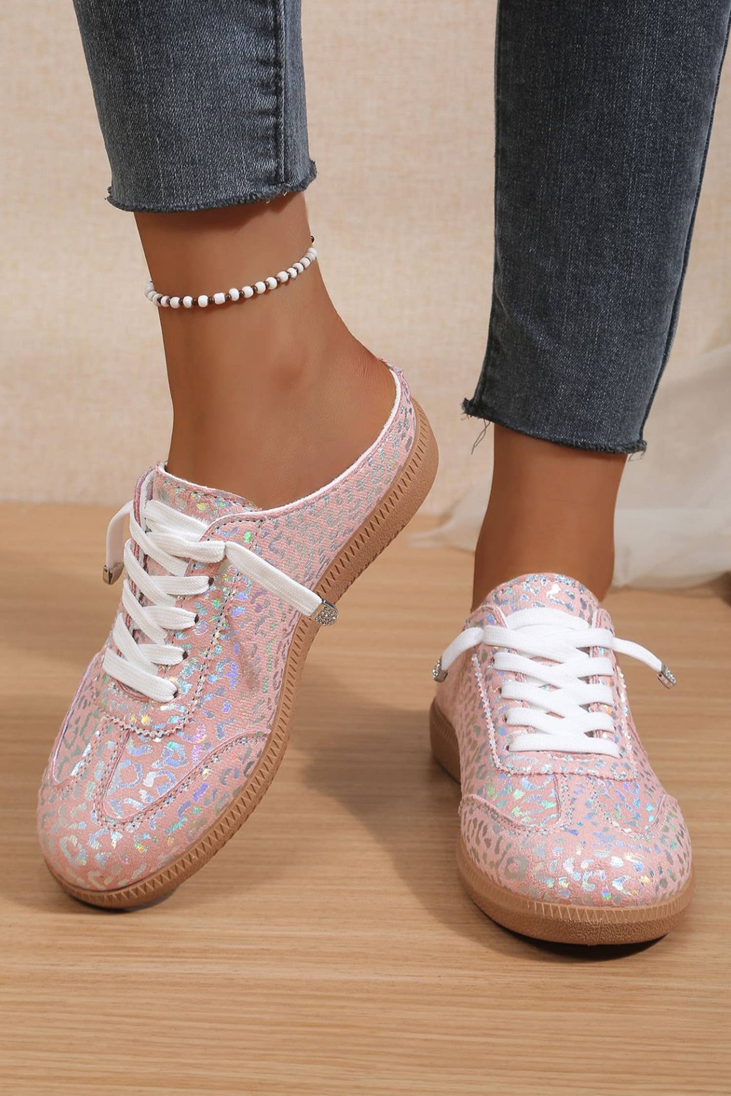 Shiny Leopard Print Lace up Slip On Shoes: Pink
