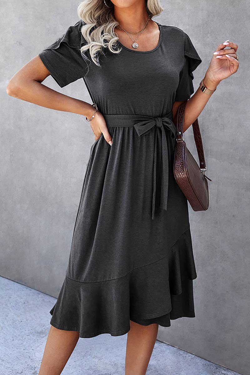 Petal Sleeve Ruffle Trim Belted Midi Dress: OLIVE