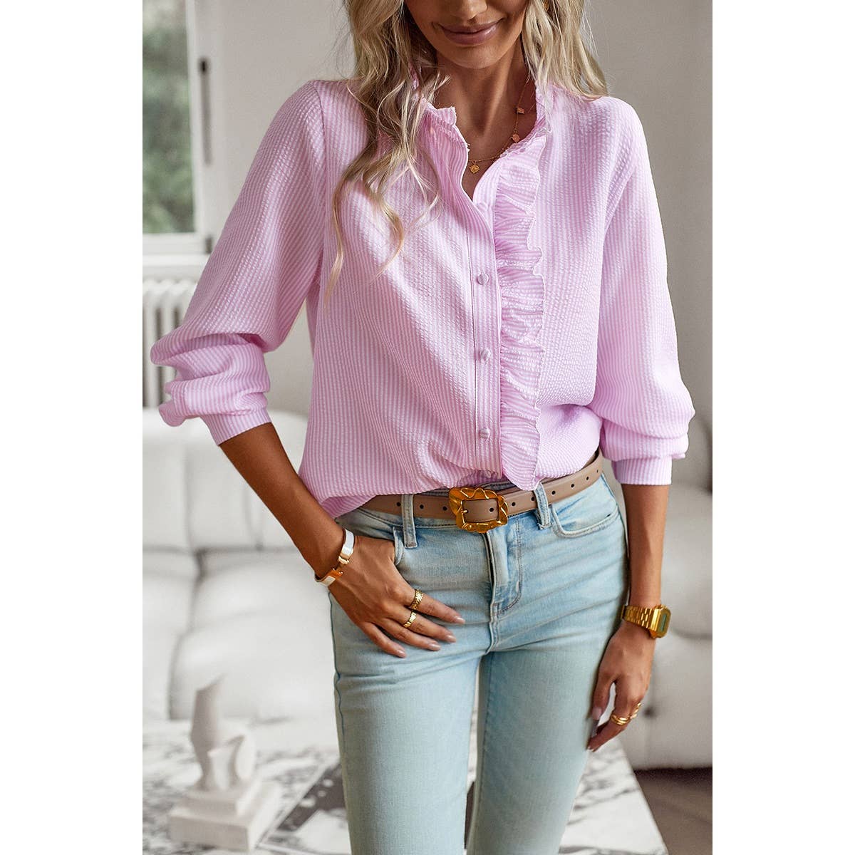 Frenchy Striped Print Ruffle Trim Button Front Shirt: PINK
