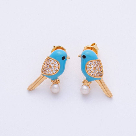 14K Gold Filled 21.5mm Blue Enamel Micro Paved CZ Bird Stud Earrings