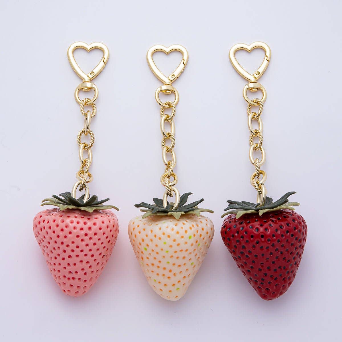 18K Gold Filled 170mm Pink, Red , White Resin Strawberry Fruit Heart Bag Charm Keychain Accessories