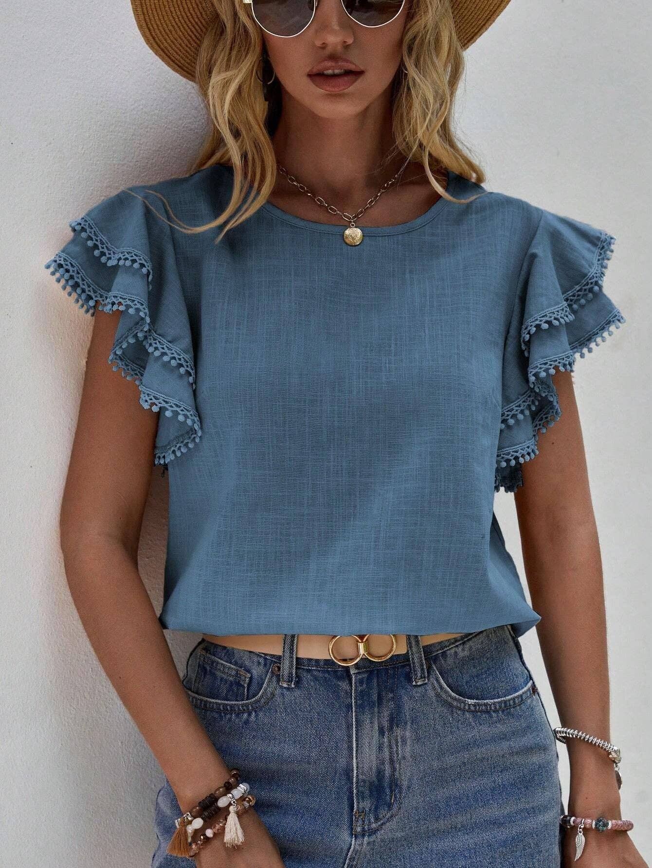 Women's Casual Ruffle Sleeve V-Neck Blouse Soft Cotton Pom Pom Trim Short Sleeve Top: Sea blue
