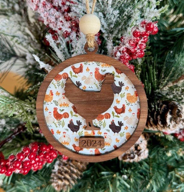Chicken Christmas Ornament - Farm Theme Tree Ornament: White Background Acrylic (Pictured) / 2025