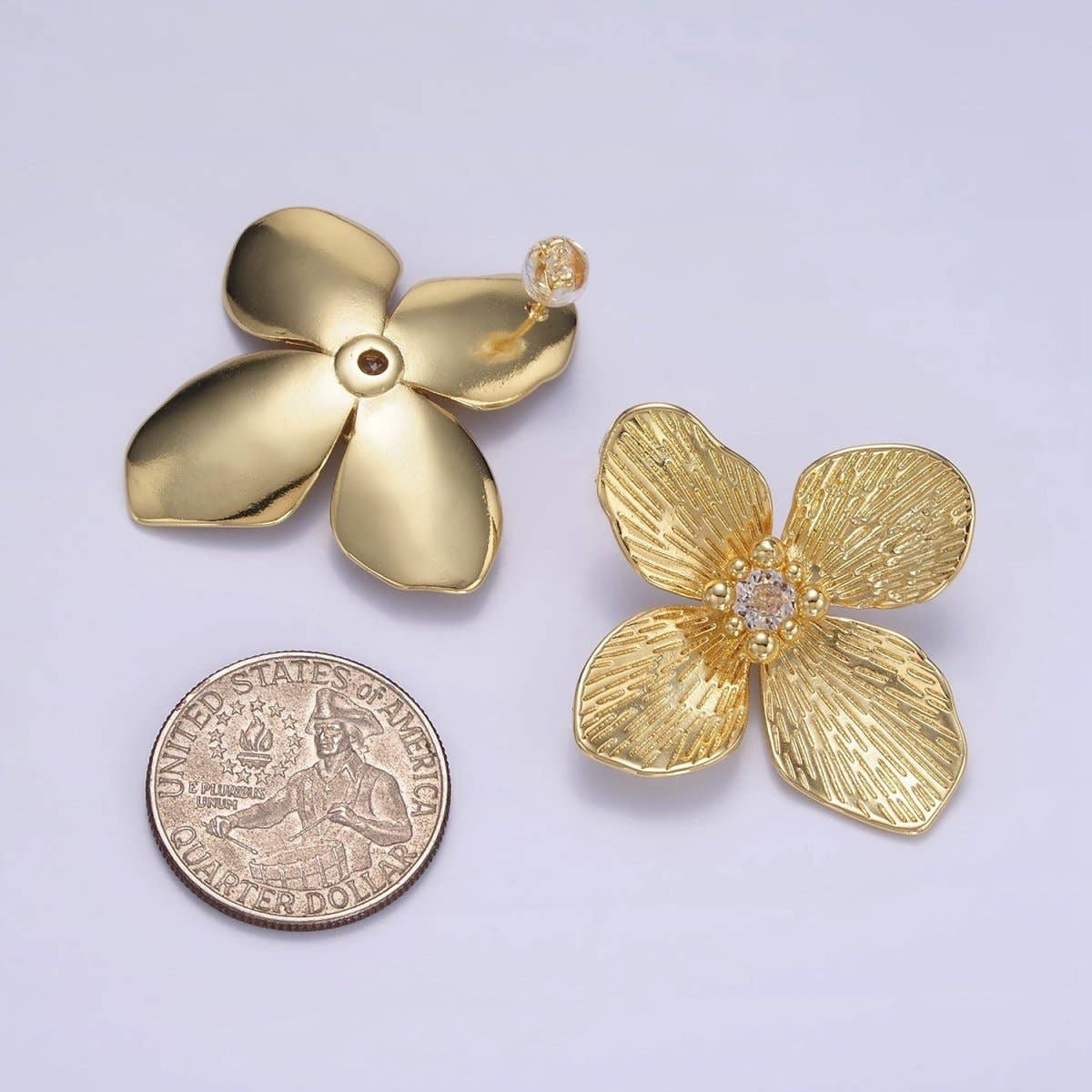 14K Gold Filled 40mm Clear CZ Line-Textured Flower Stud Earrings in Gold & Mixed Metal