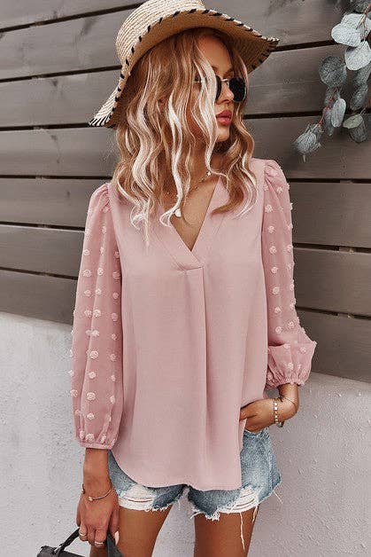 Solid V Neck Lantern Sleeve Swiss Dot Shirt: PINK