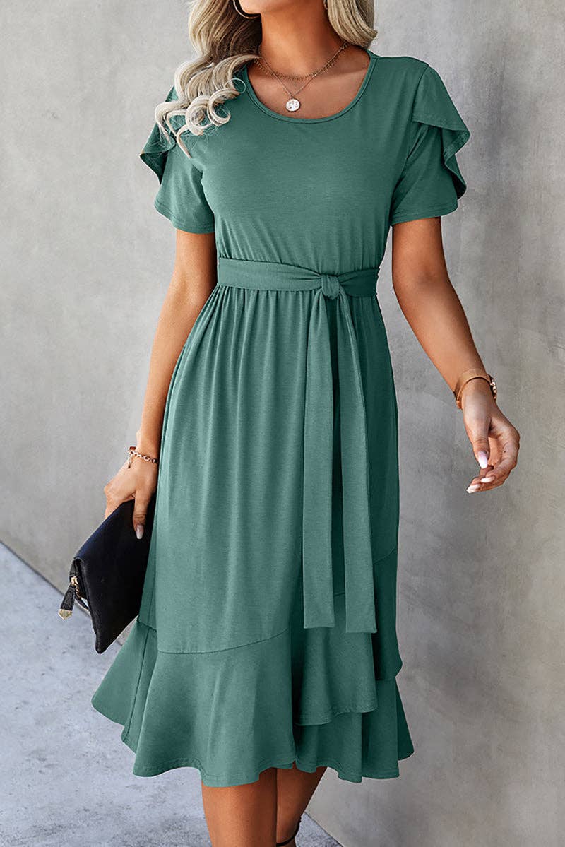 Petal Sleeve Ruffle Trim Belted Midi Dress: OLIVE