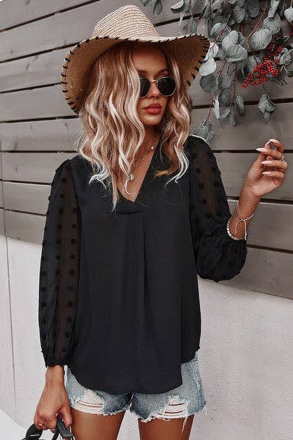 Solid V Neck Lantern Sleeve Swiss Dot Shirt: PINK